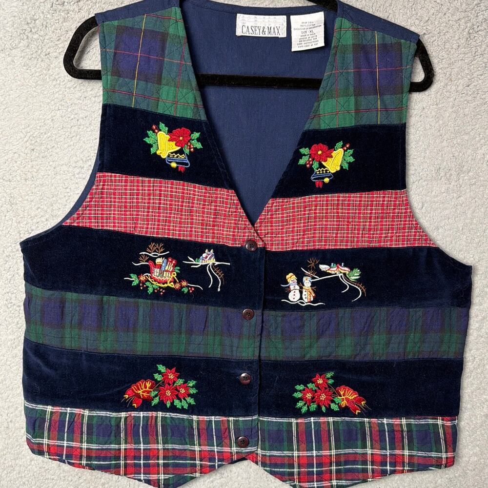 Vintage Y2K Christmas Vest Quilted Patchwork Embroidered Festive Size XL Quirky